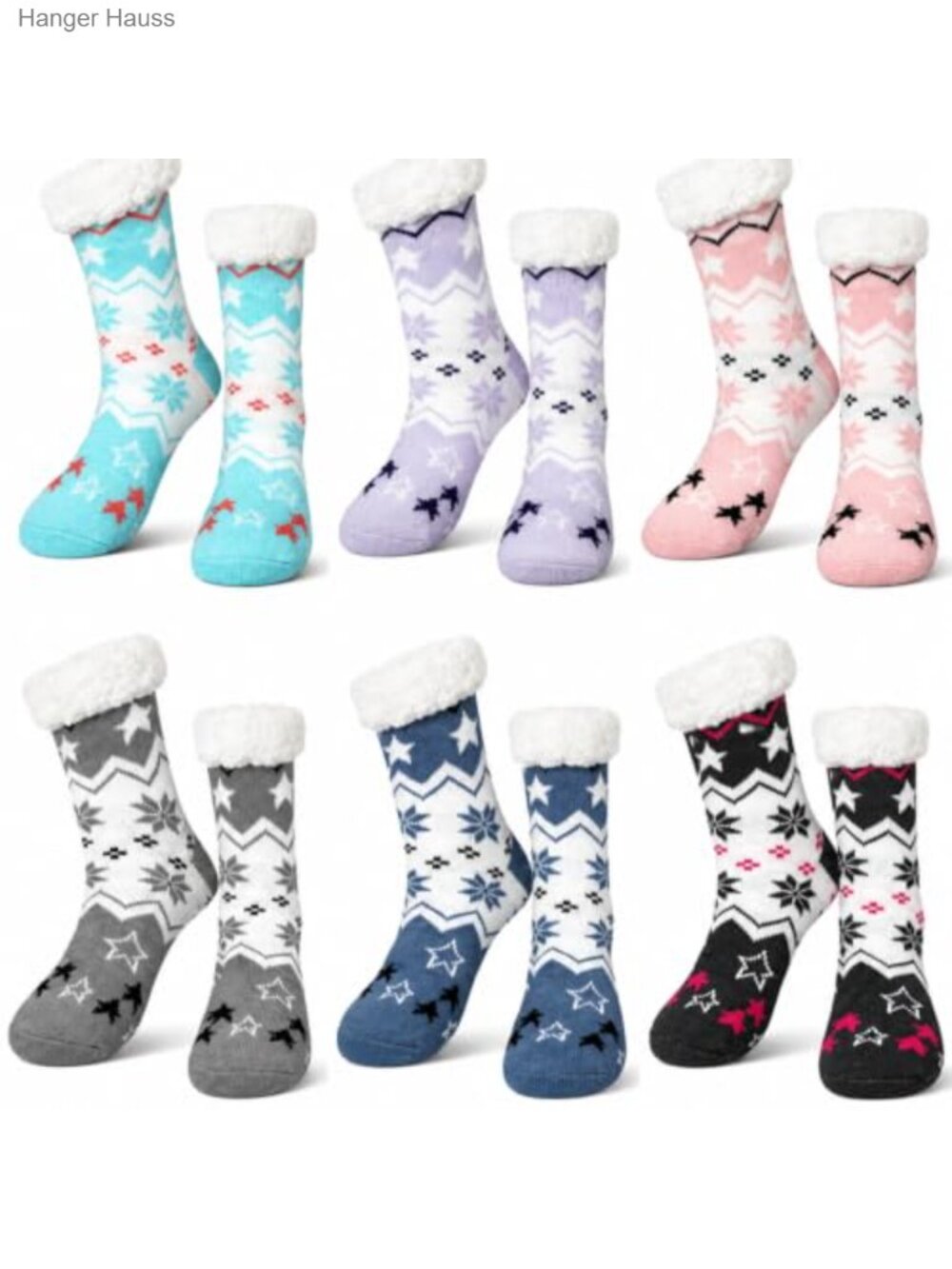 6 Pairs Women's Slipper Fuzzy Socks with Grippers Fair Isle Sherpa Lined
